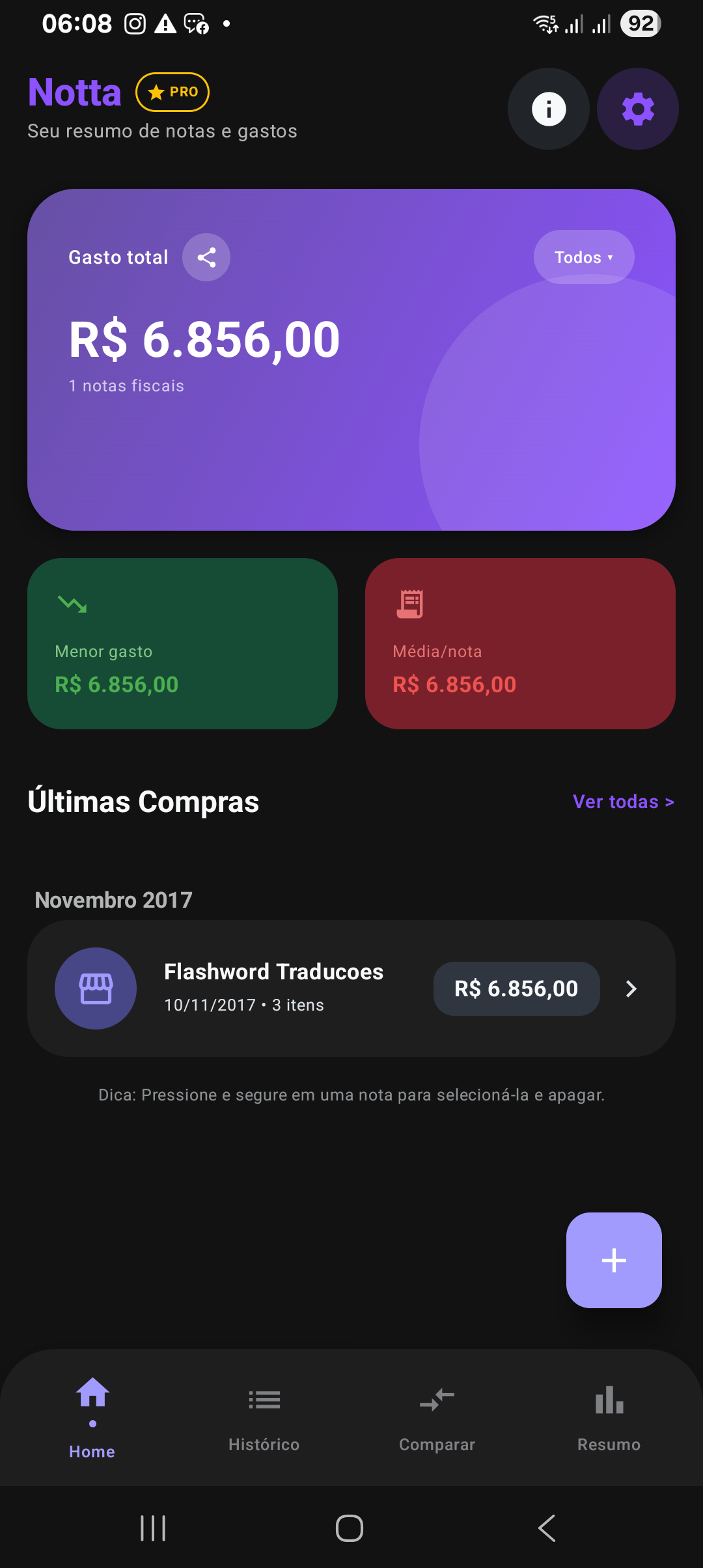 Interface do Notta App exibindo painel de controle financeiro